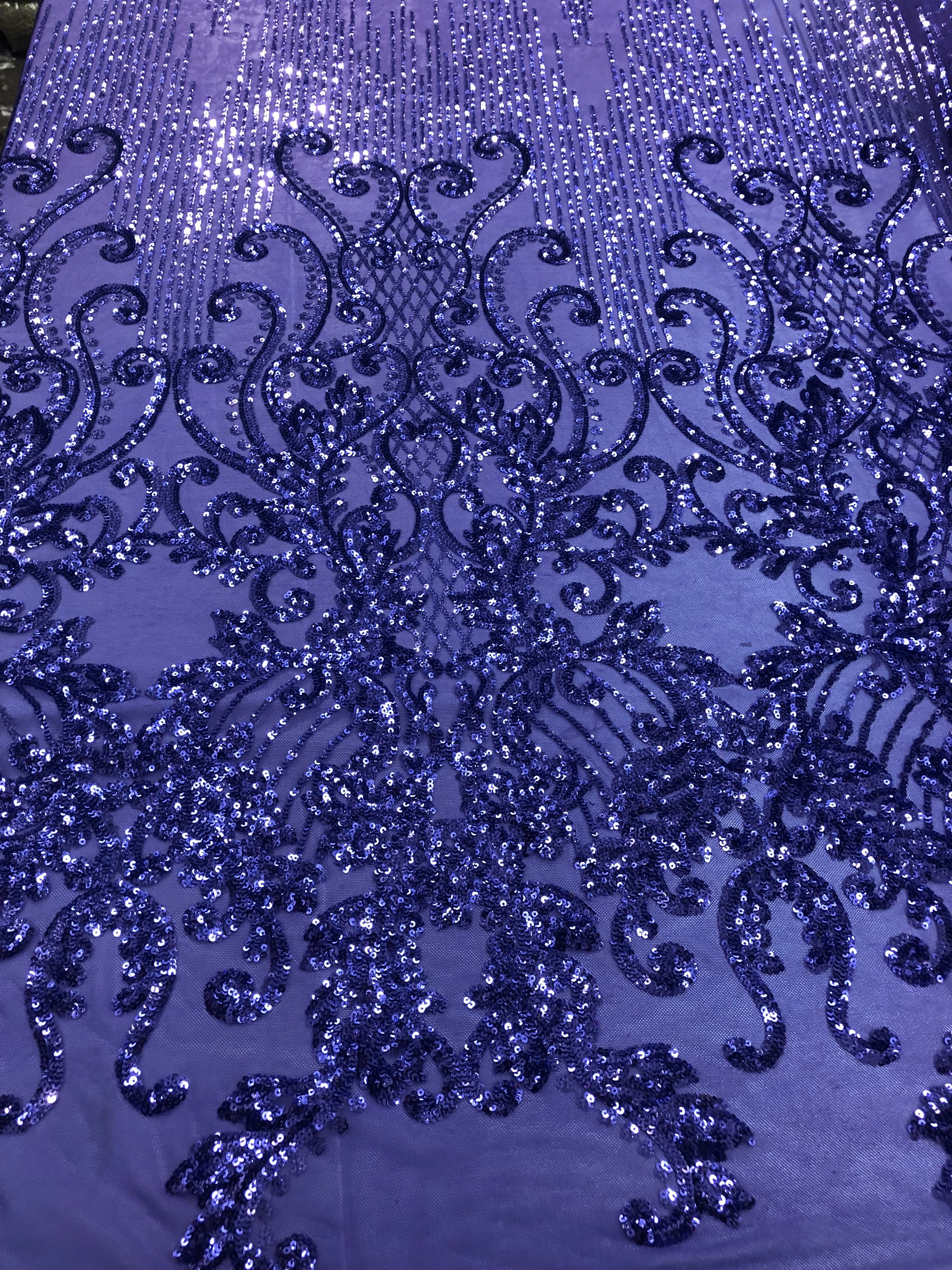 4 Way Stretch - Lilac - Damask Net Design Sequins On Mesh Elegant Fashion Fabrics Sold By Yard