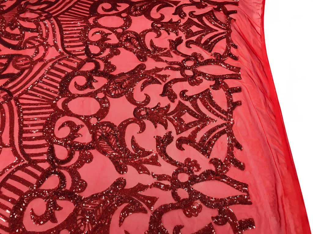 Hologram Red  - 4 Way Stretch Embroidered Royalty Sequins Design Fabric By Yard