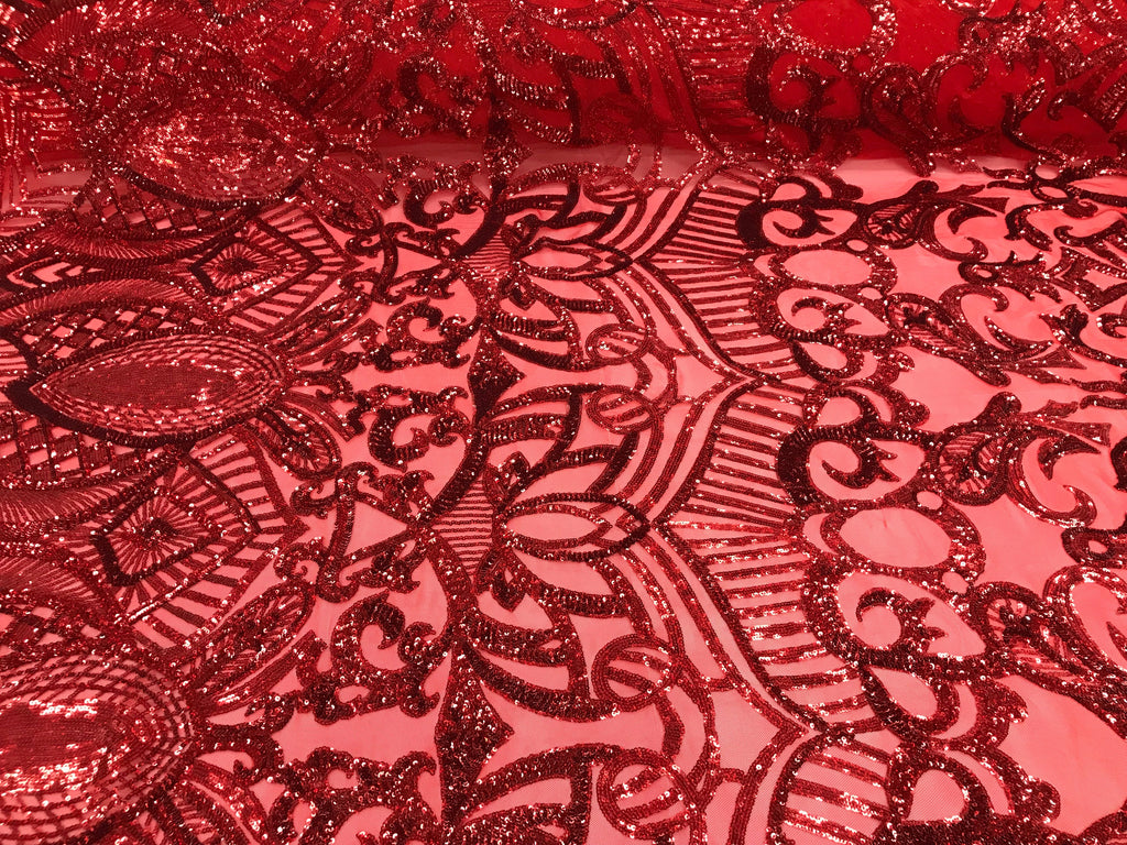 Hologram Red  - 4 Way Stretch Embroidered Royalty Sequins Design Fabric By Yard