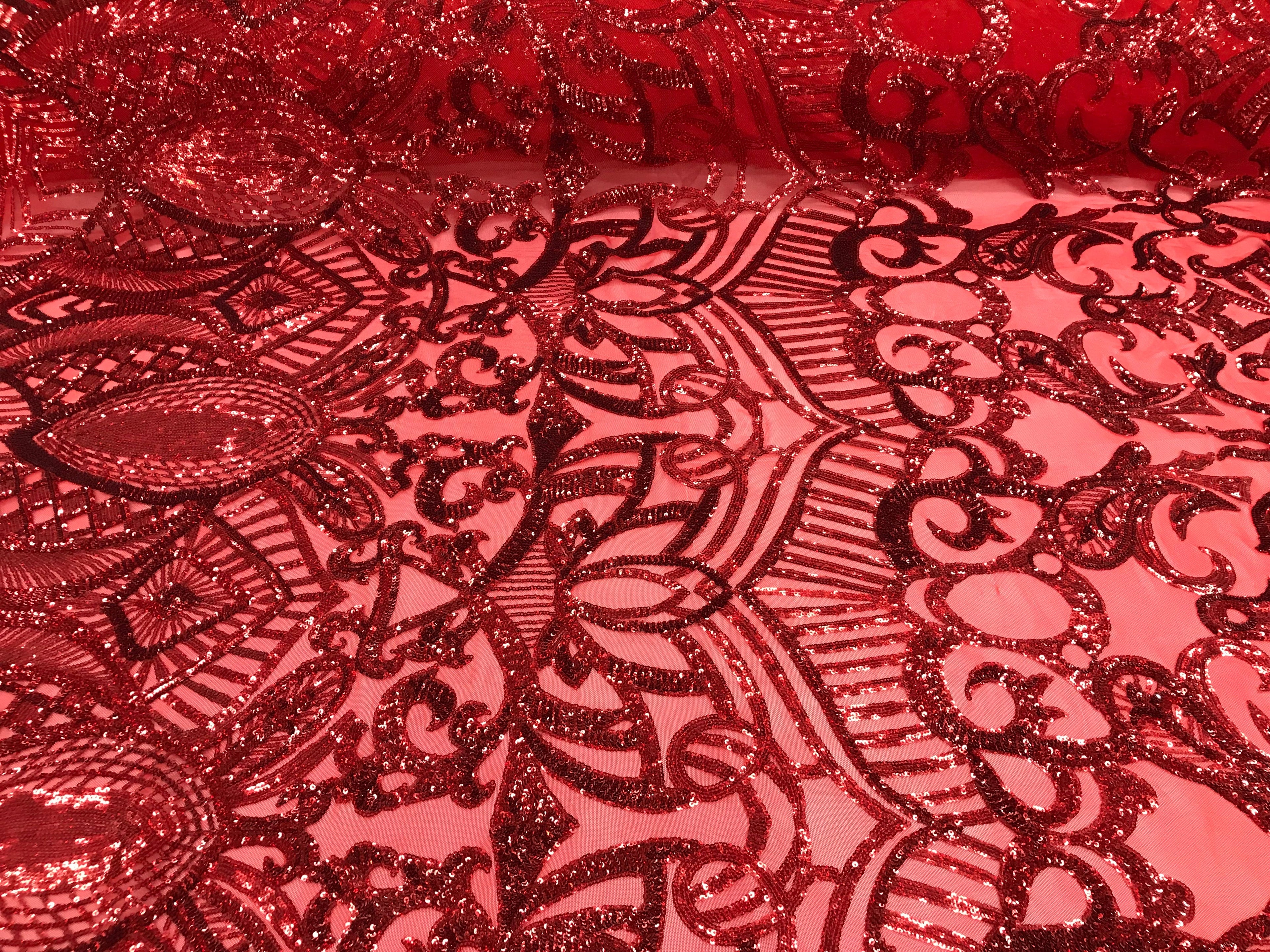 Hologram Red  - 4 Way Stretch Embroidered Royalty Sequins Design Fabric By Yard