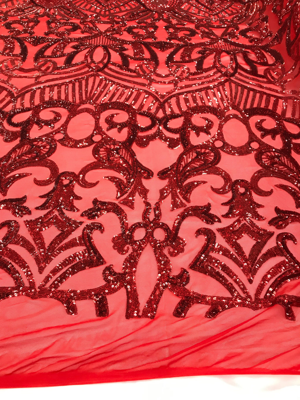 Hologram Red  - 4 Way Stretch Embroidered Royalty Sequins Design Fabric By Yard