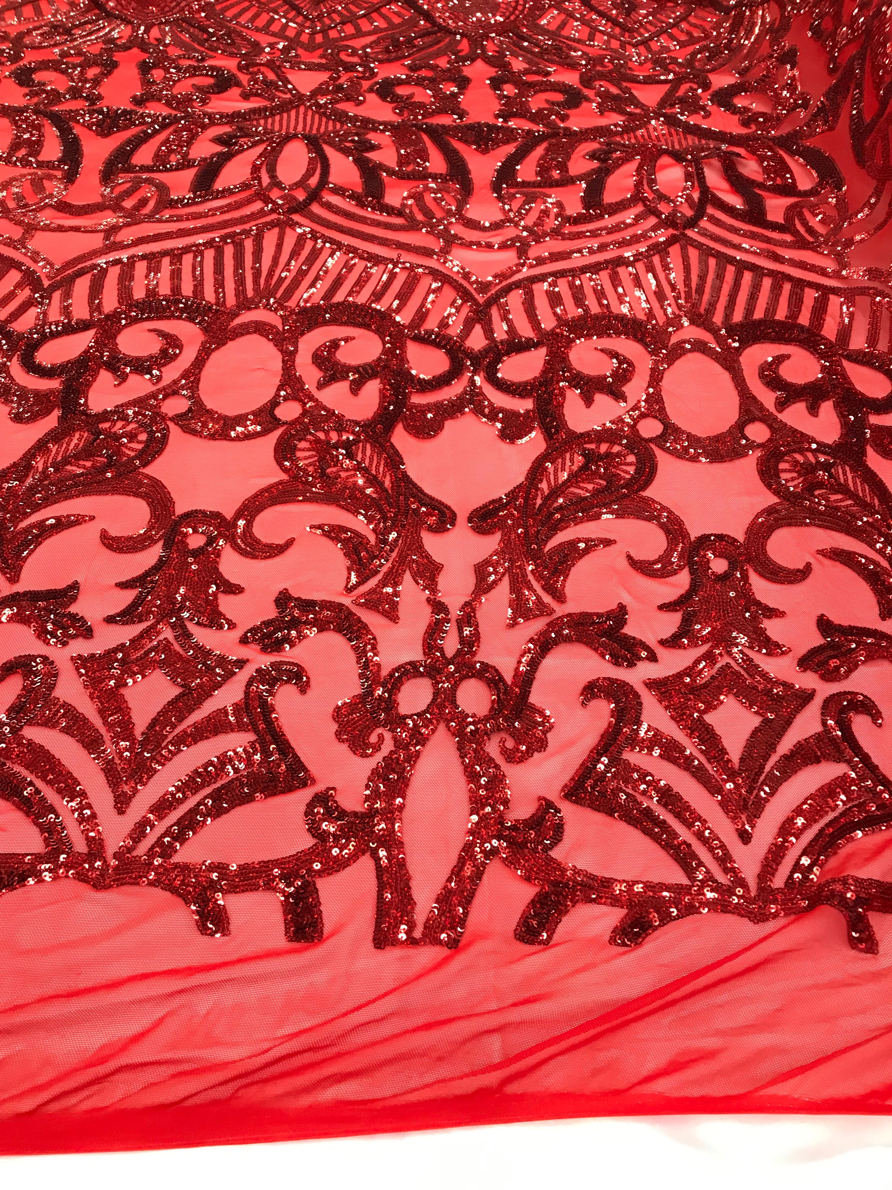 Hologram Red  - 4 Way Stretch Embroidered Royalty Sequins Design Fabric By Yard