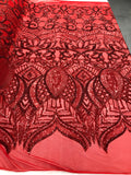 Hologram Red  - 4 Way Stretch Embroidered Royalty Sequins Design Fabric By Yard