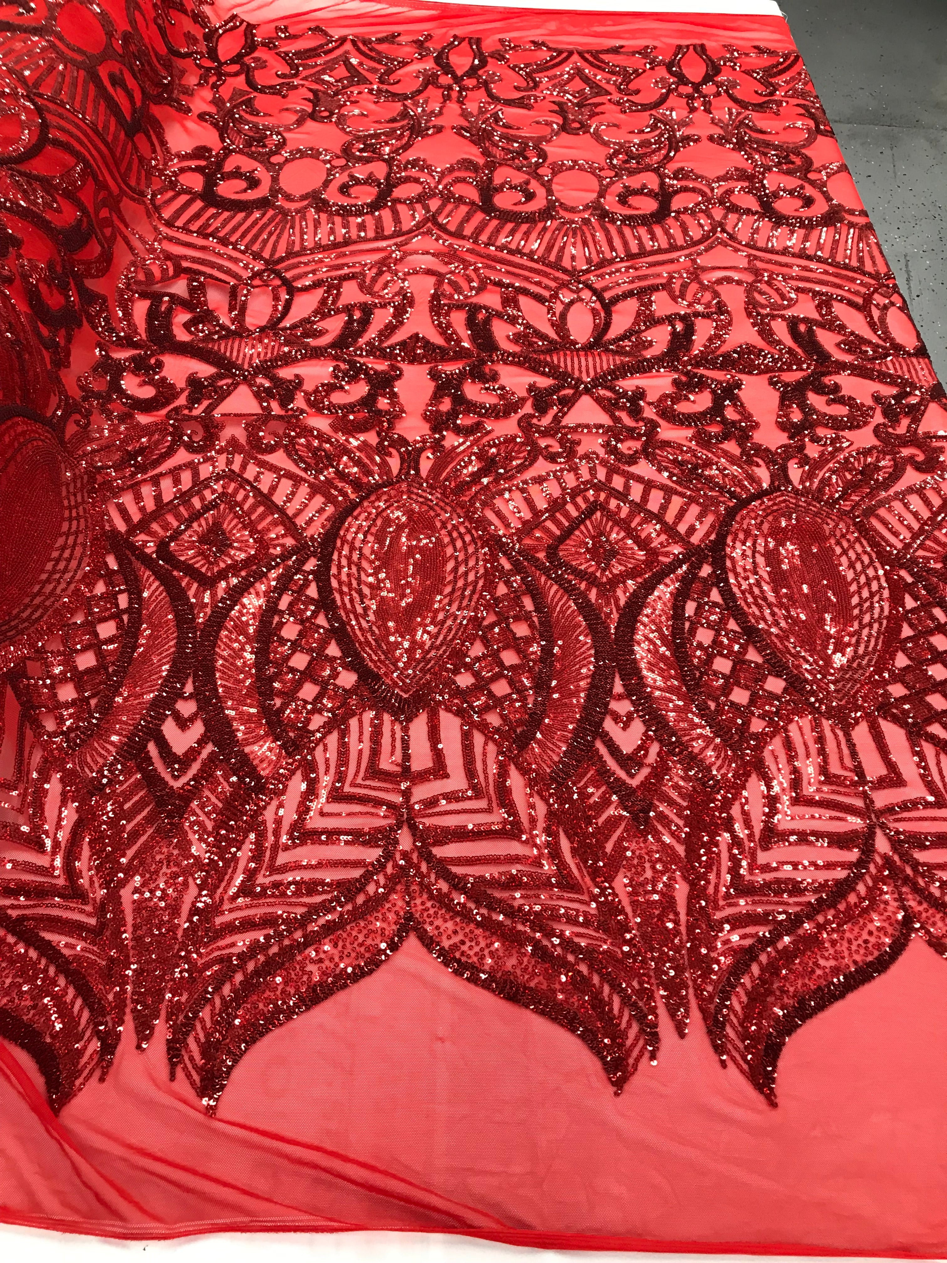 Hologram Red  - 4 Way Stretch Embroidered Royalty Sequins Design Fabric By Yard