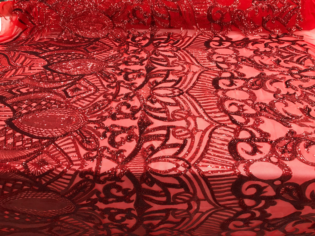 Hologram Red  - 4 Way Stretch Embroidered Royalty Sequins Design Fabric By Yard