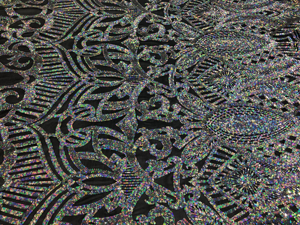 Hologram Silver / Black Mesh  - 4 Way Stretch Embroidered Royalty Sequins Design Fabric By Yard