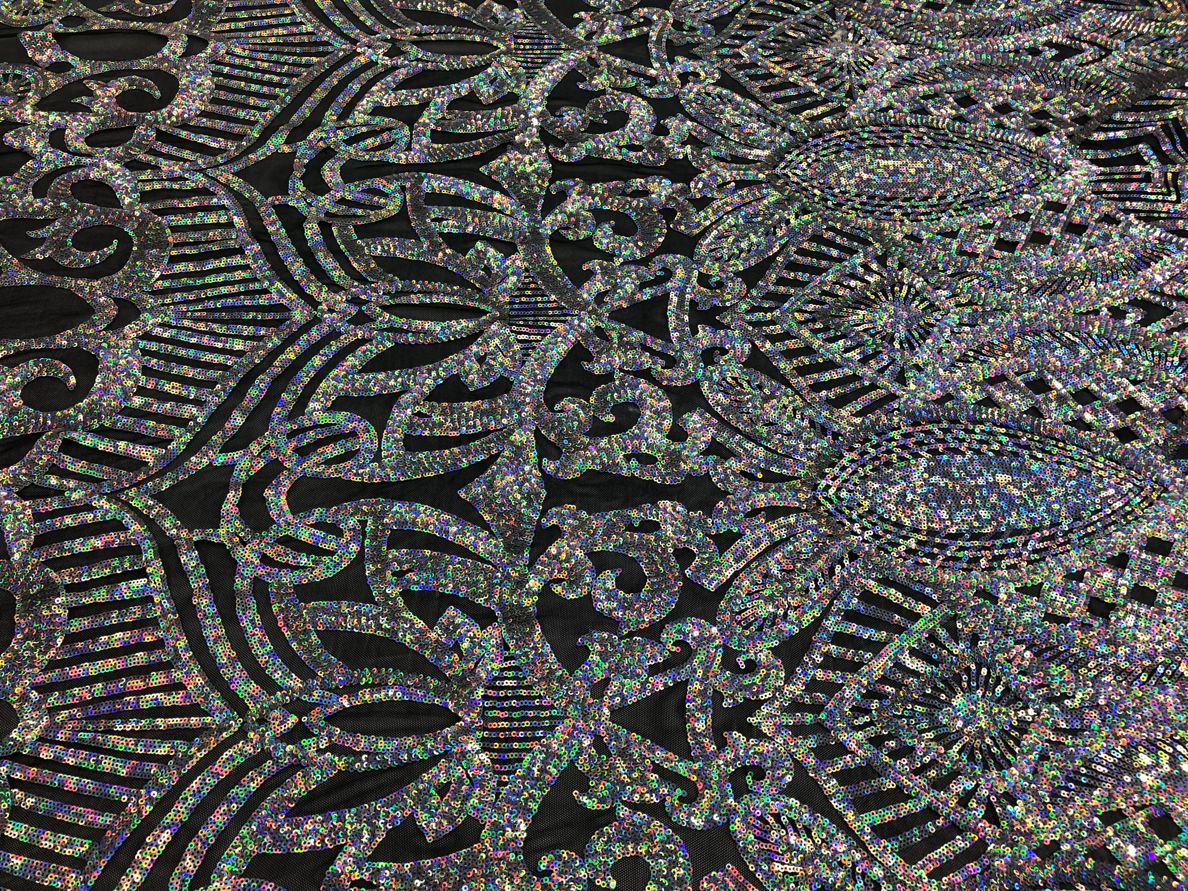Hologram Silver / Black Mesh  - 4 Way Stretch Embroidered Royalty Sequins Design Fabric By Yard