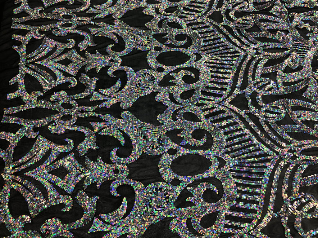 Hologram Silver / Black Mesh  - 4 Way Stretch Embroidered Royalty Sequins Design Fabric By Yard