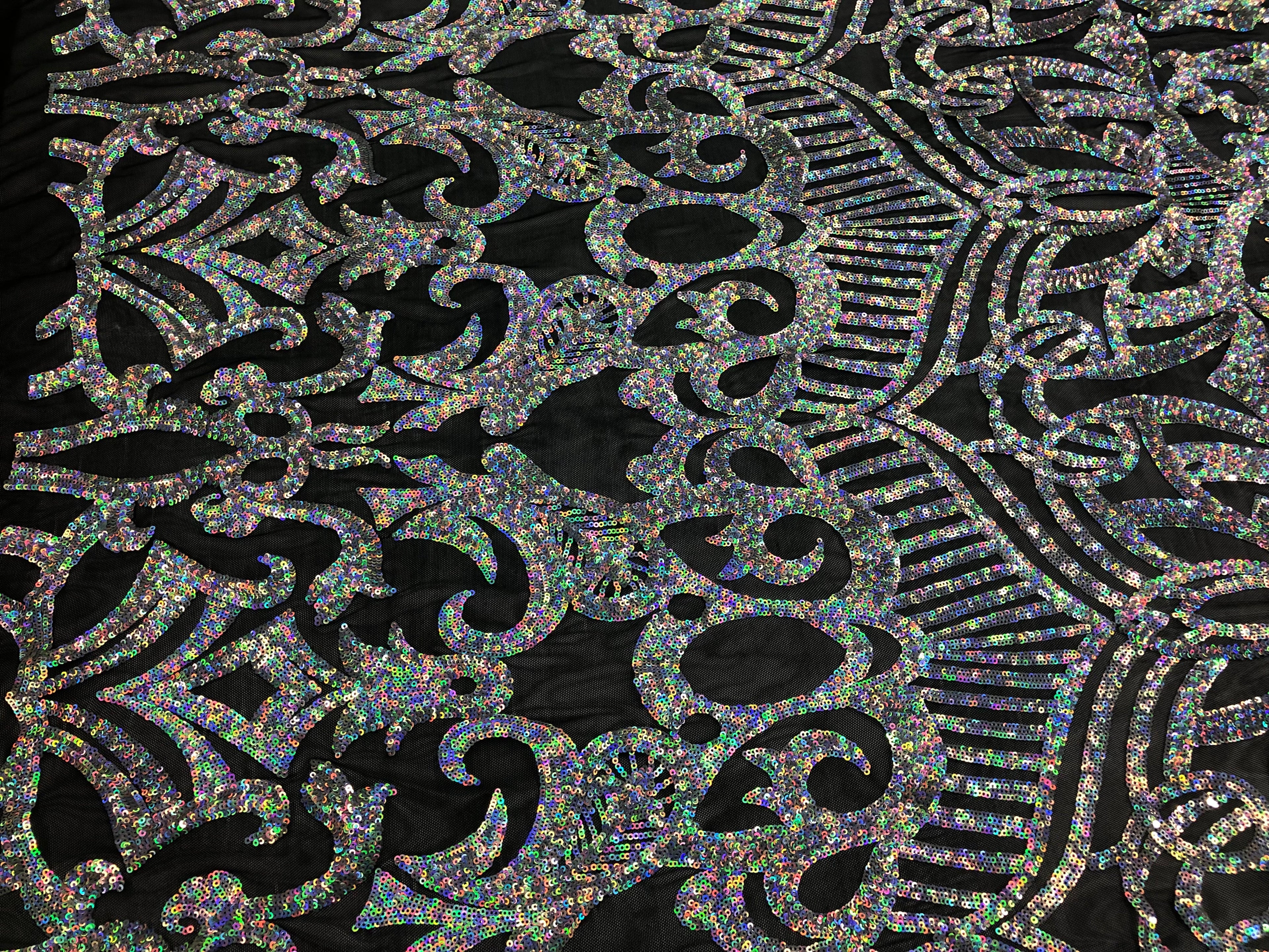 Hologram Silver / Black Mesh  - 4 Way Stretch Embroidered Royalty Sequins Design Fabric By Yard