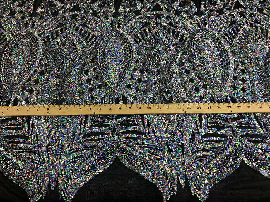 Hologram Silver / Black Mesh  - 4 Way Stretch Embroidered Royalty Sequins Design Fabric By Yard
