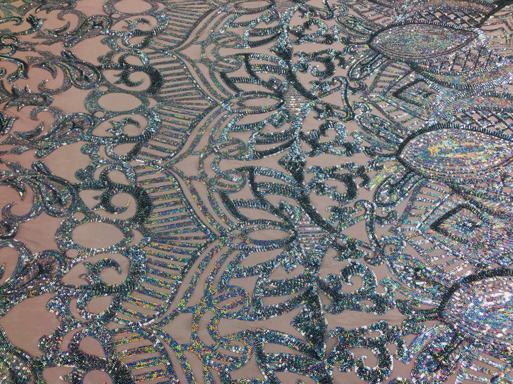 Hologram Silver / Blush Mesh - 4 Way Stretch Embroidered Royalty Sequins Fancy Design Fabric By Yard
