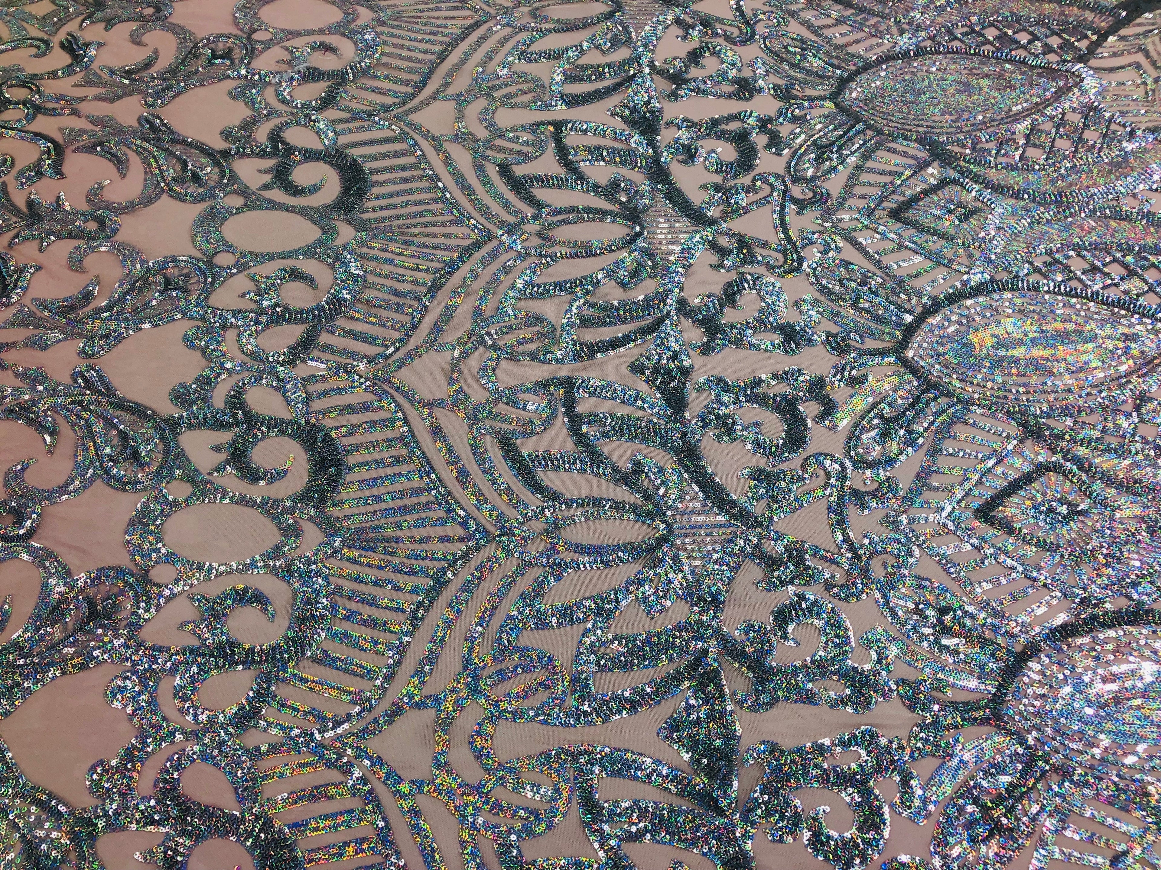 Hologram Silver / Blush Mesh - 4 Way Stretch Embroidered Royalty Sequins Fancy Design Fabric By Yard