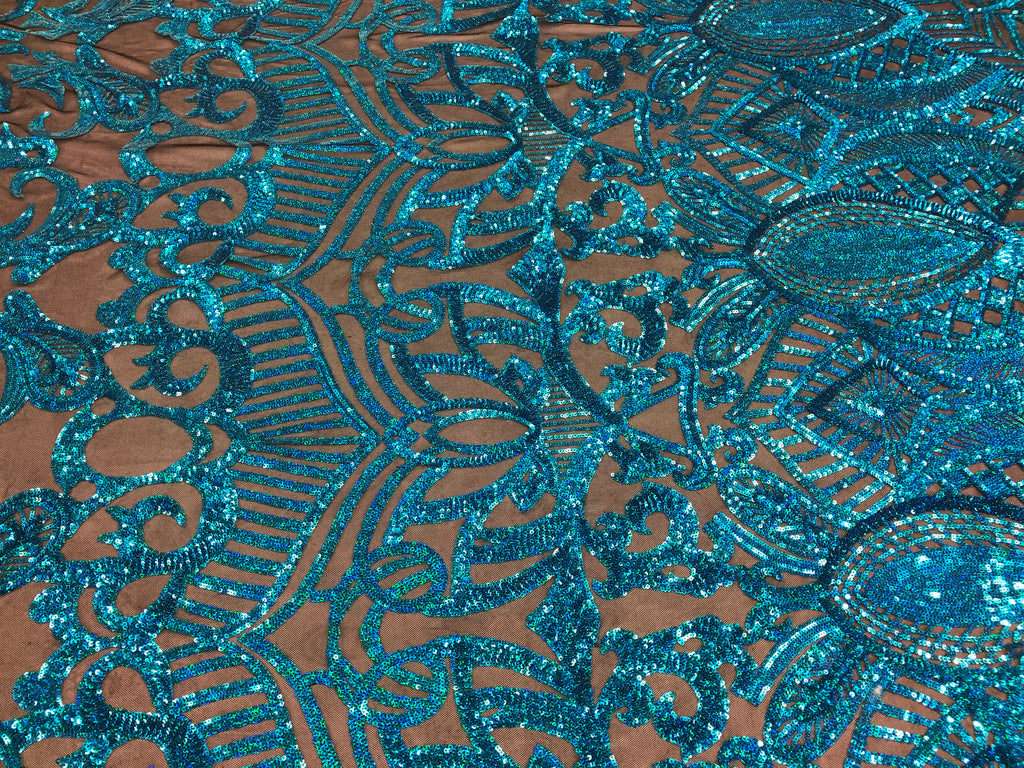 Hologram Turquoise - 4 Way Stretch Embroidered Royalty Sequins Fancy Design Fabric By Yard