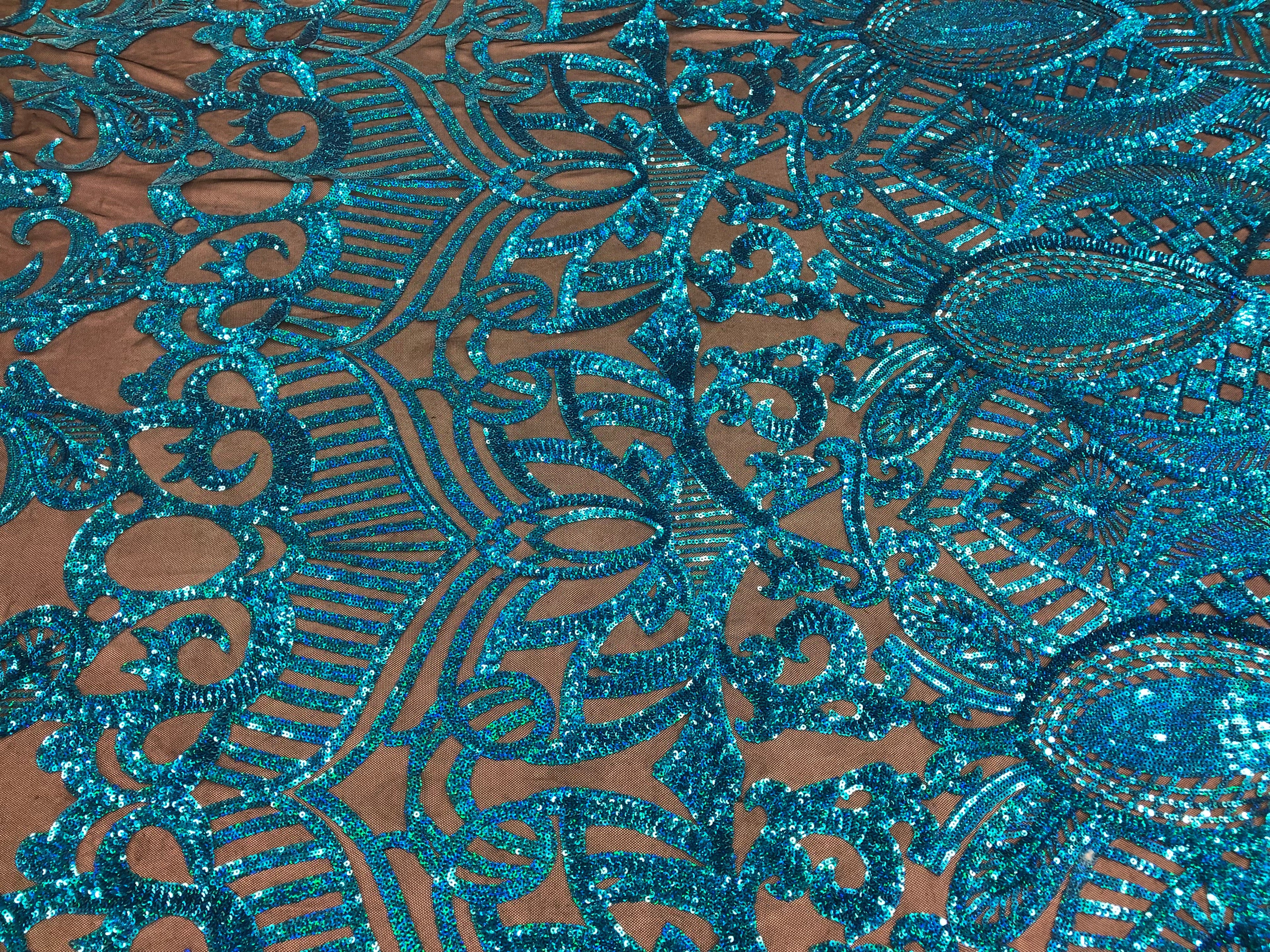 Hologram Turquoise - 4 Way Stretch Embroidered Royalty Sequins Fancy Design Fabric By Yard