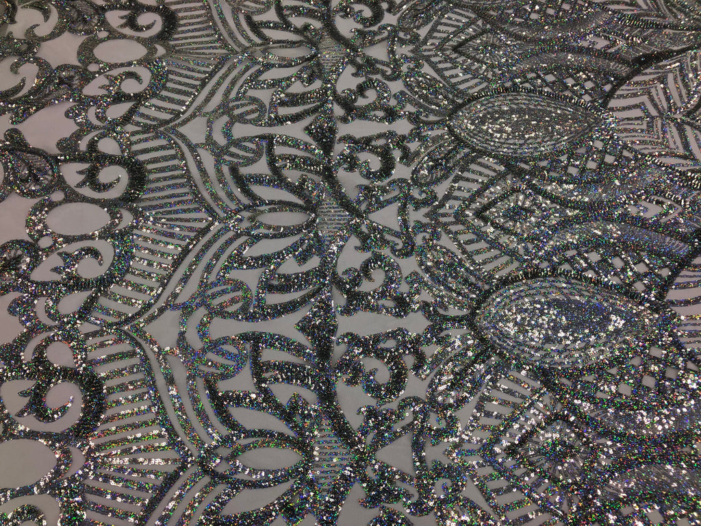 Hologram Silver / White Mesh - 4 Way Stretch Embroidered Royalty Sequins Fancy Design Fabric By Yard