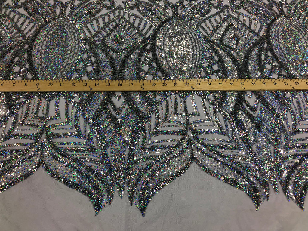 Hologram Silver / White Mesh - 4 Way Stretch Embroidered Royalty Sequins Fancy Design Fabric By Yard