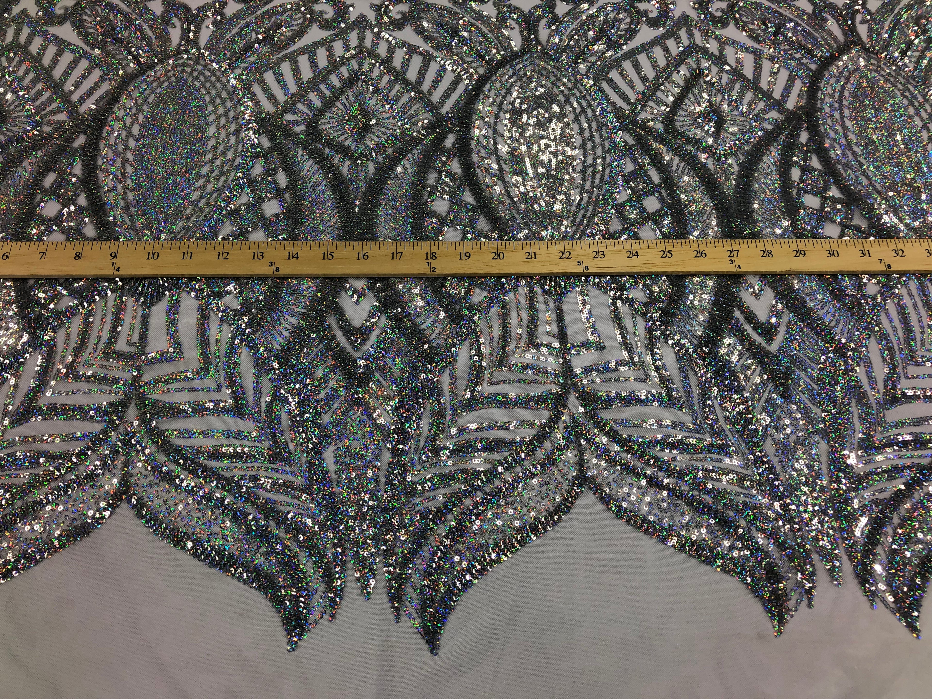 Hologram Silver / White Mesh - 4 Way Stretch Embroidered Royalty Sequins Fancy Design Fabric By Yard
