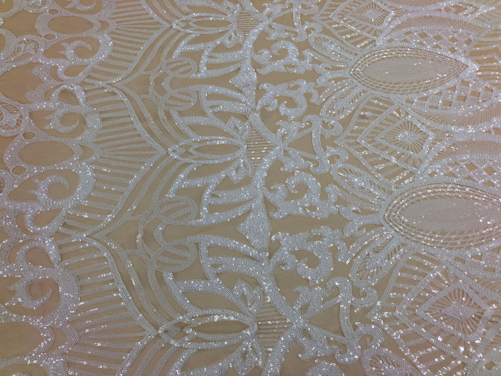 White / Nude Mesh - 4 Way Stretch Embroidered Royalty Sequins Fancy Design Fabric By Yard