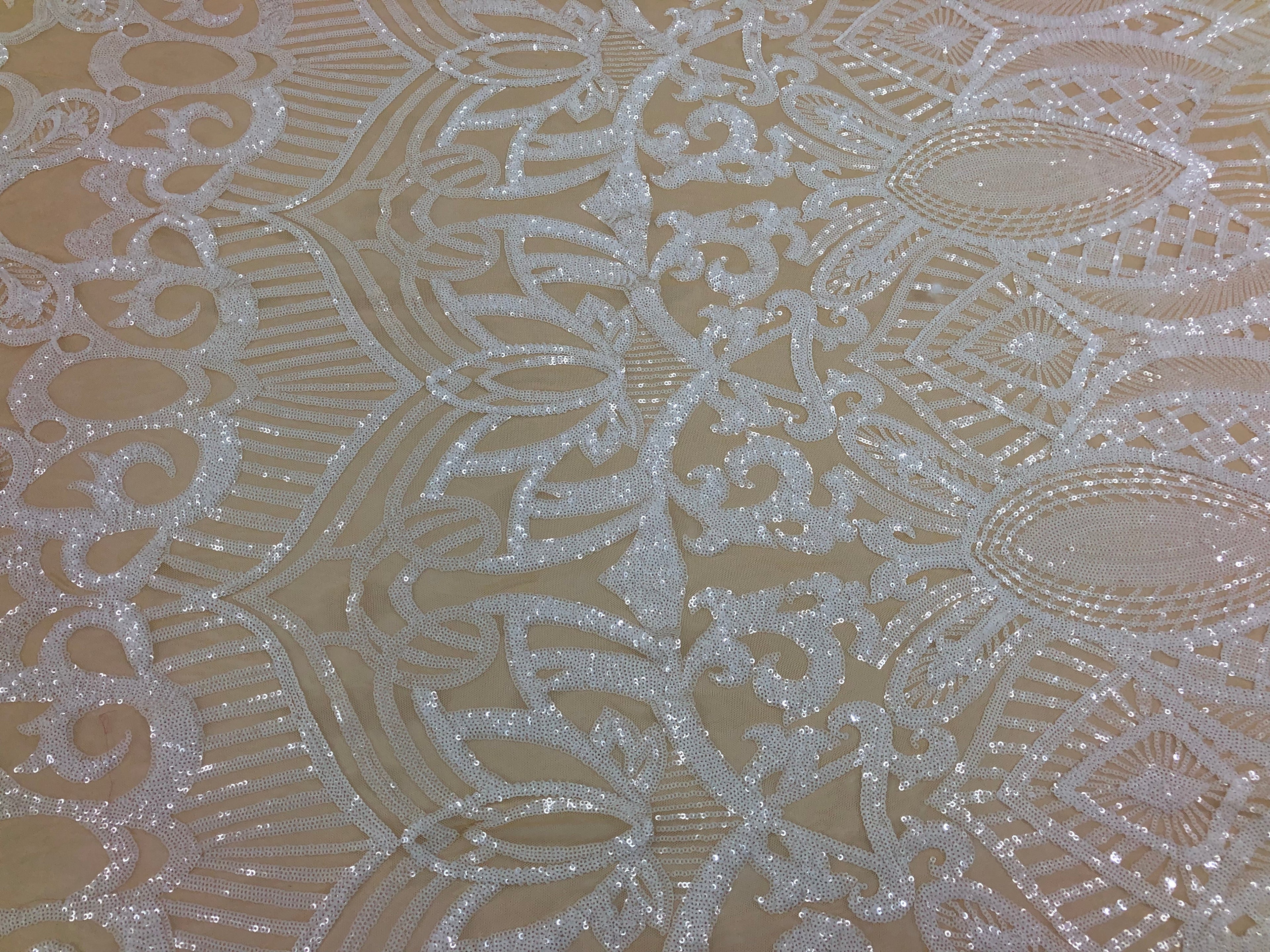 White / Nude Mesh - 4 Way Stretch Embroidered Royalty Sequins Fancy Design Fabric By Yard