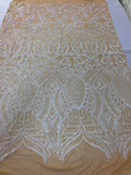 White / Nude Mesh - 4 Way Stretch Embroidered Royalty Sequins Fancy Design Fabric By Yard