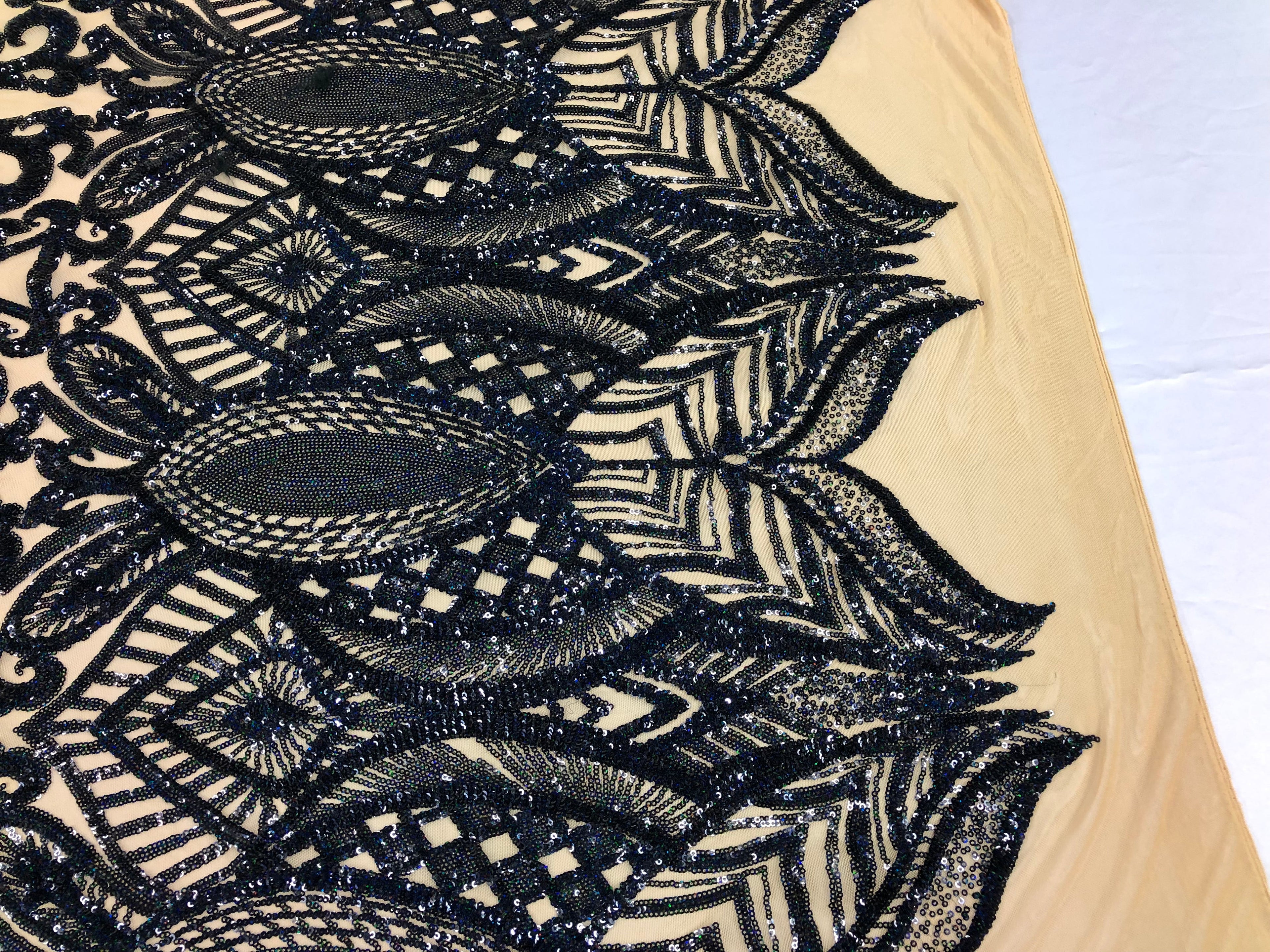 Hologram Navy / Beige Mesh - 4 Way Stretch Embroidered Royalty Sequins Fancy Design Fabric By Yard