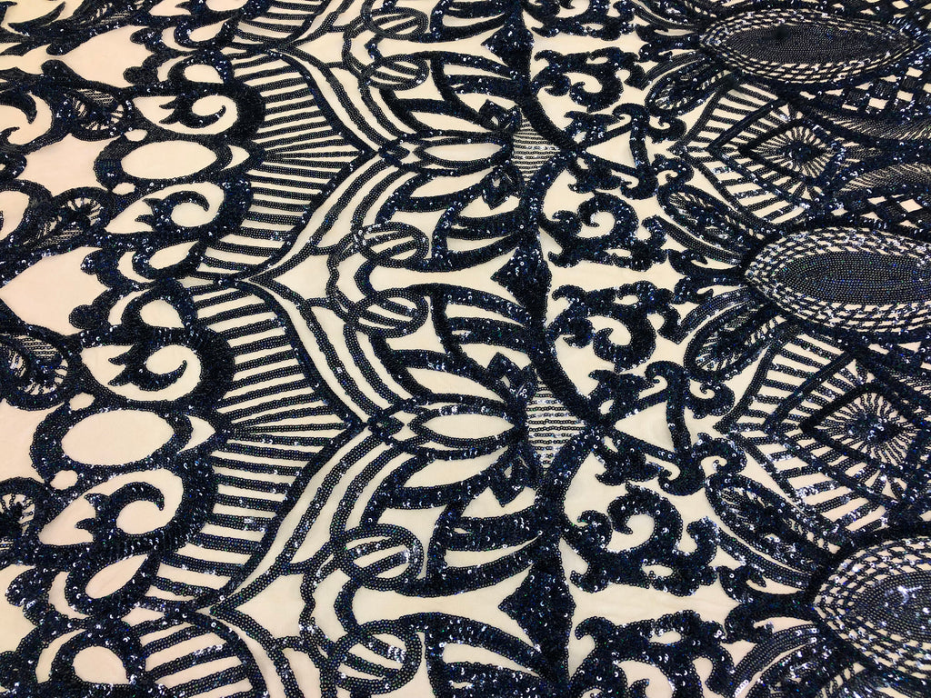 Hologram Navy / Beige Mesh - 4 Way Stretch Embroidered Royalty Sequins Fancy Design Fabric By Yard