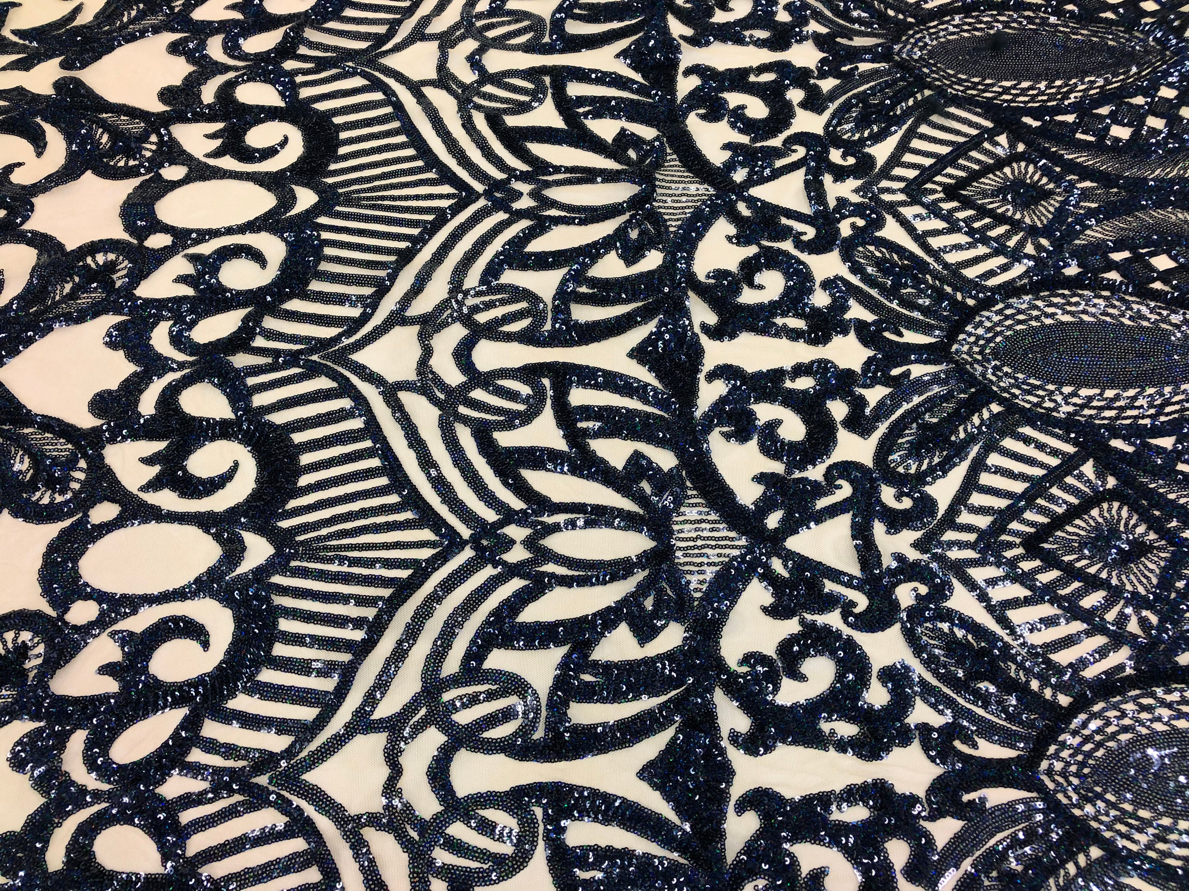 Hologram Navy / Beige Mesh - 4 Way Stretch Embroidered Royalty Sequins Fancy Design Fabric By Yard
