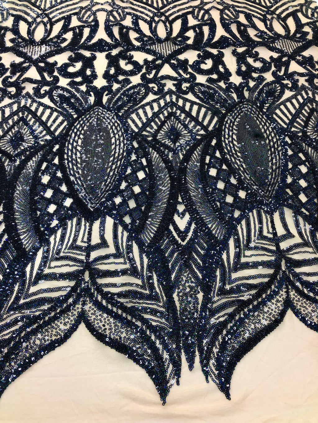 Hologram Navy / Beige Mesh - 4 Way Stretch Embroidered Royalty Sequins Fancy Design Fabric By Yard