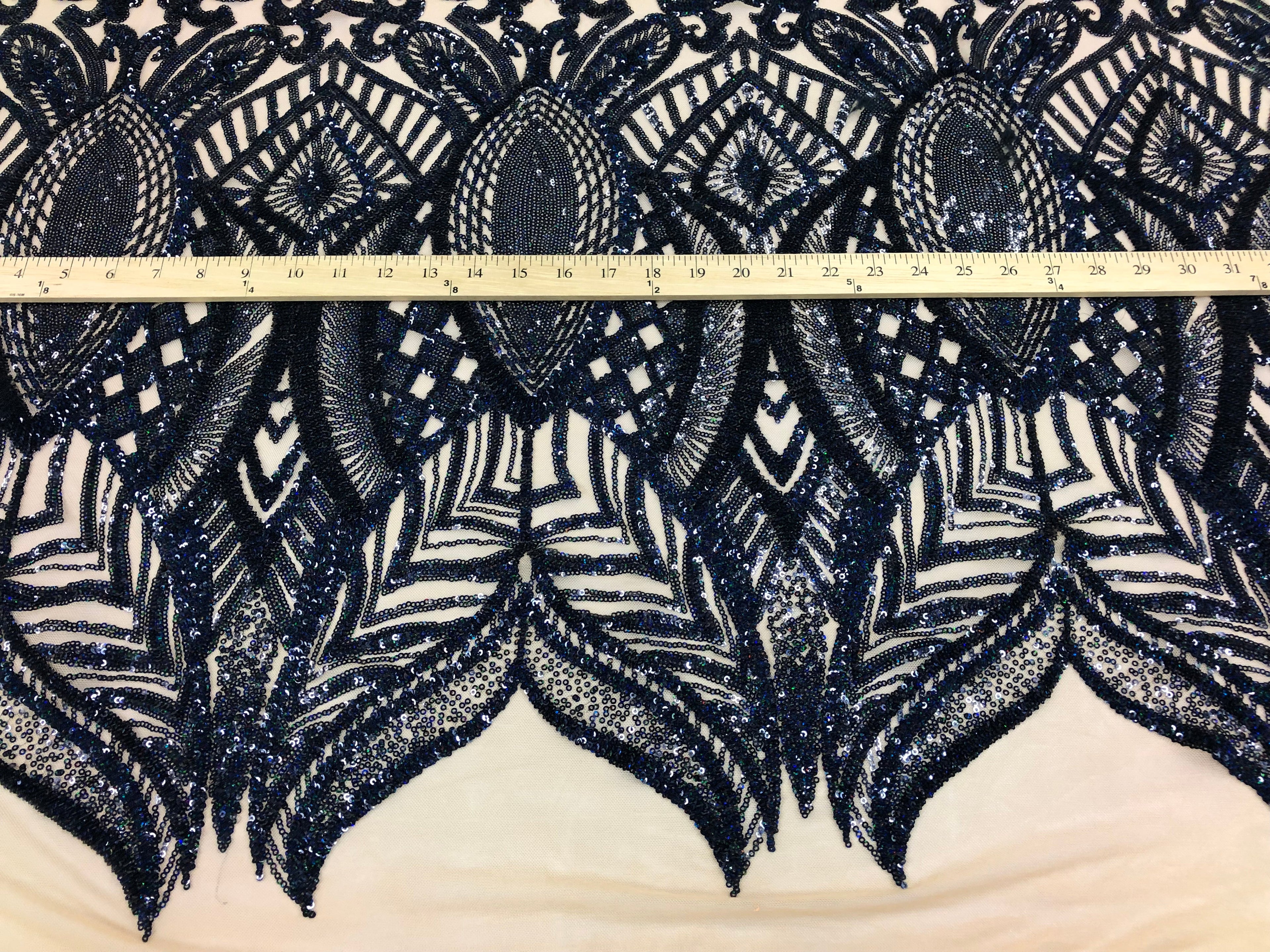 Hologram Navy / Beige Mesh - 4 Way Stretch Embroidered Royalty Sequins Fancy Design Fabric By Yard