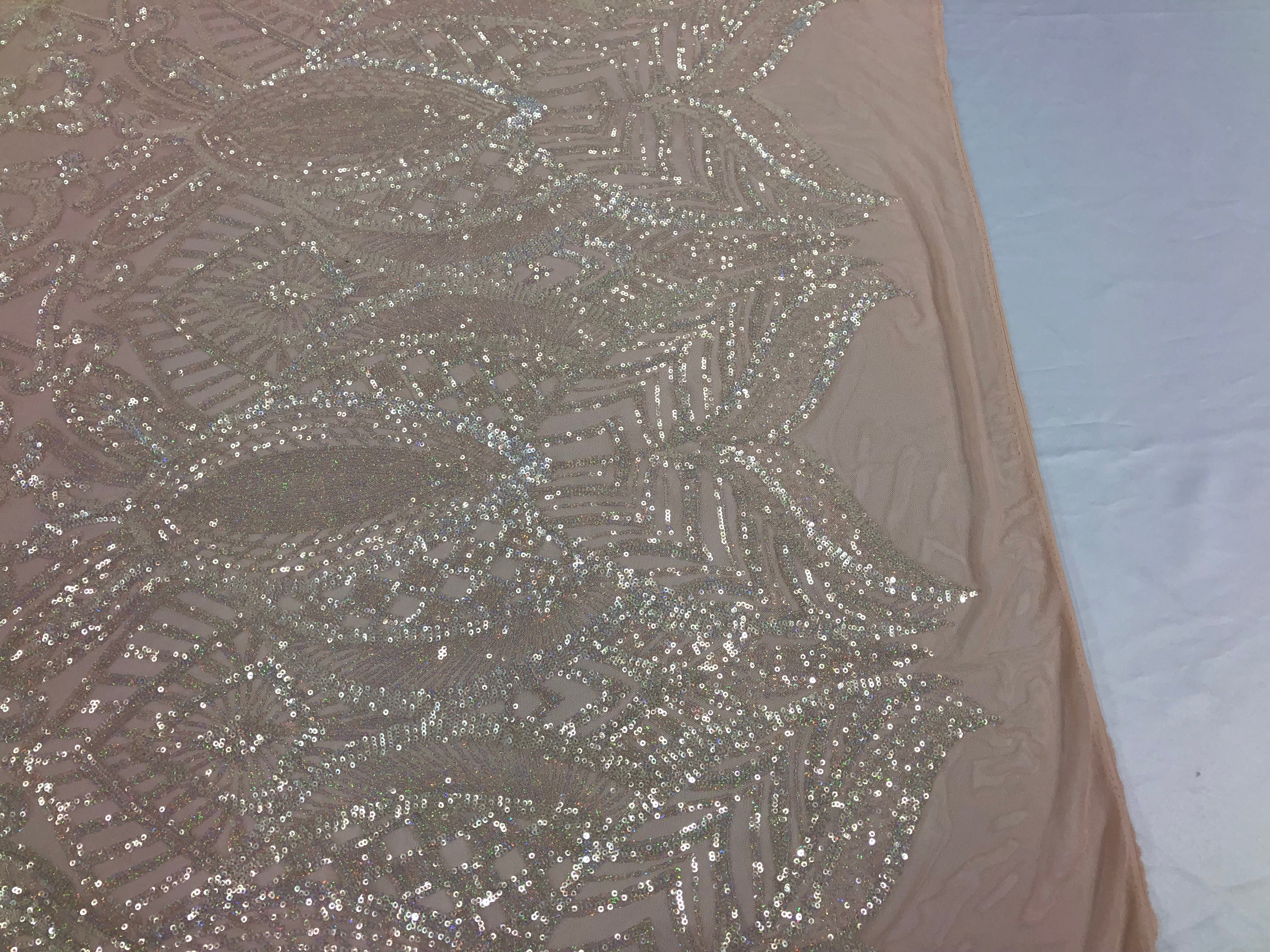 Iridescent Clear - 4 Way Stretch Embroidered Royalty Sequins Design Fabric By Yard