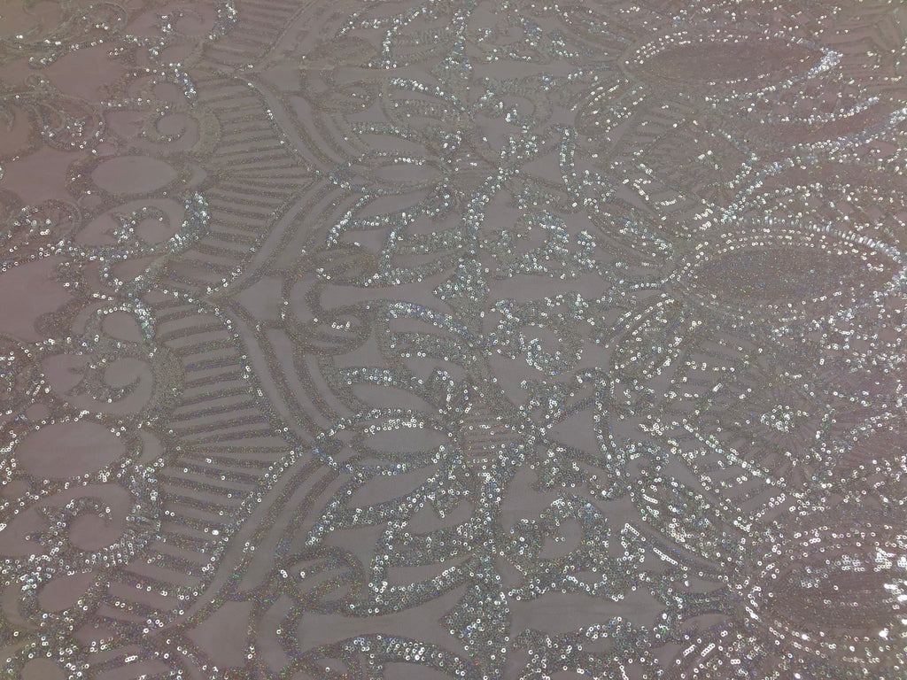 Iridescent Clear - 4 Way Stretch Embroidered Royalty Sequins Design Fabric By Yard