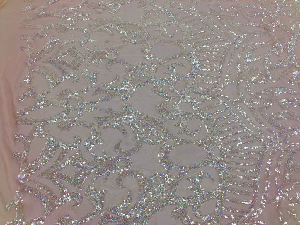 Iridescent Clear - 4 Way Stretch Embroidered Royalty Sequins Design Fabric By Yard