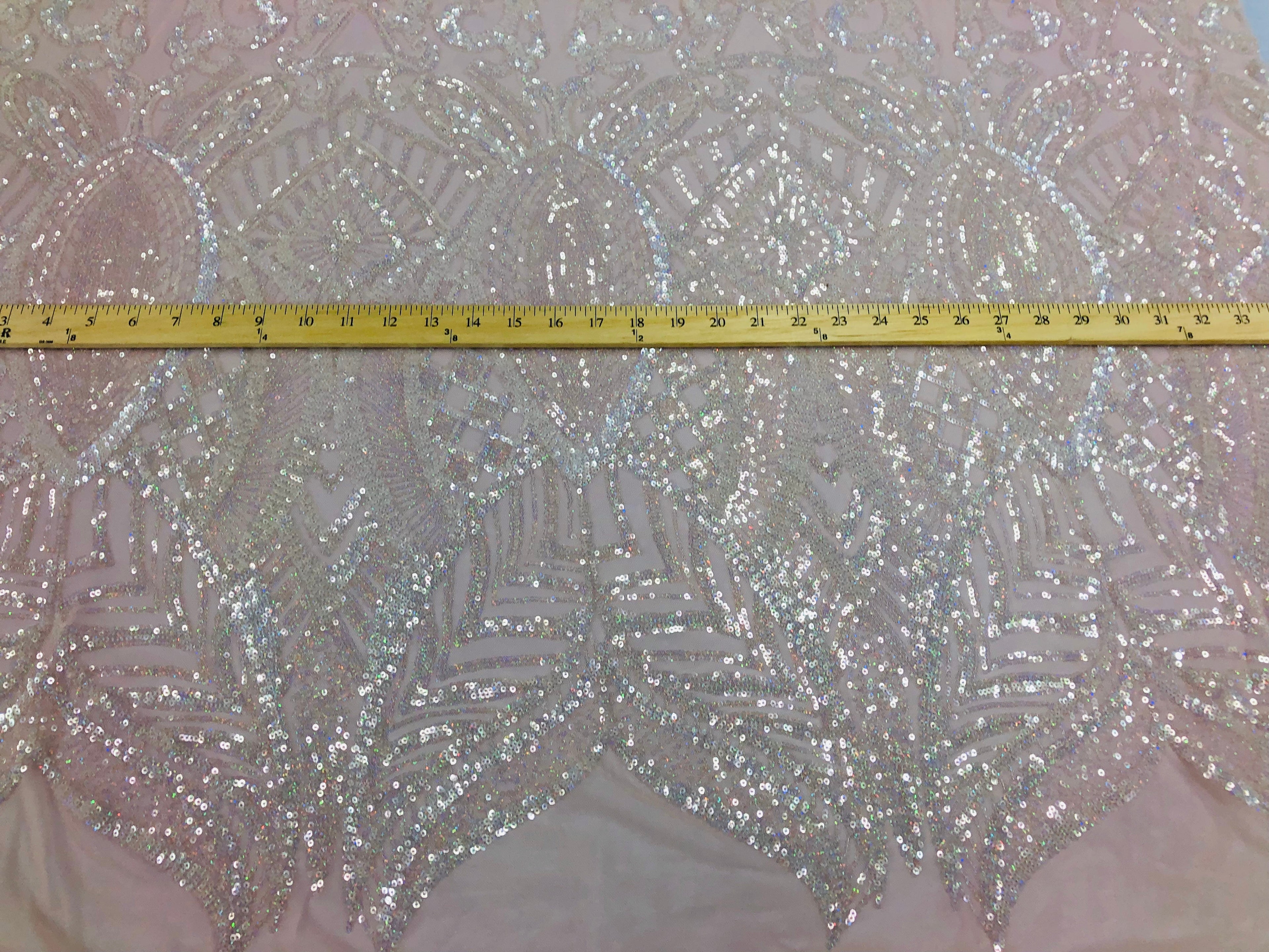 Iridescent Clear - 4 Way Stretch Embroidered Royalty Sequins Design Fabric By Yard