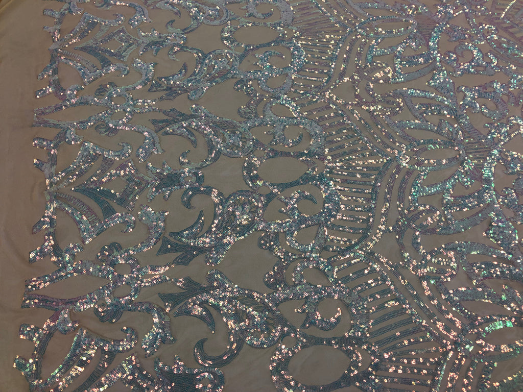 Hologram Silver / Blush Mesh - 4 Way Stretch Embroidered Royalty Sequins Fancy Design Fabric By Yard