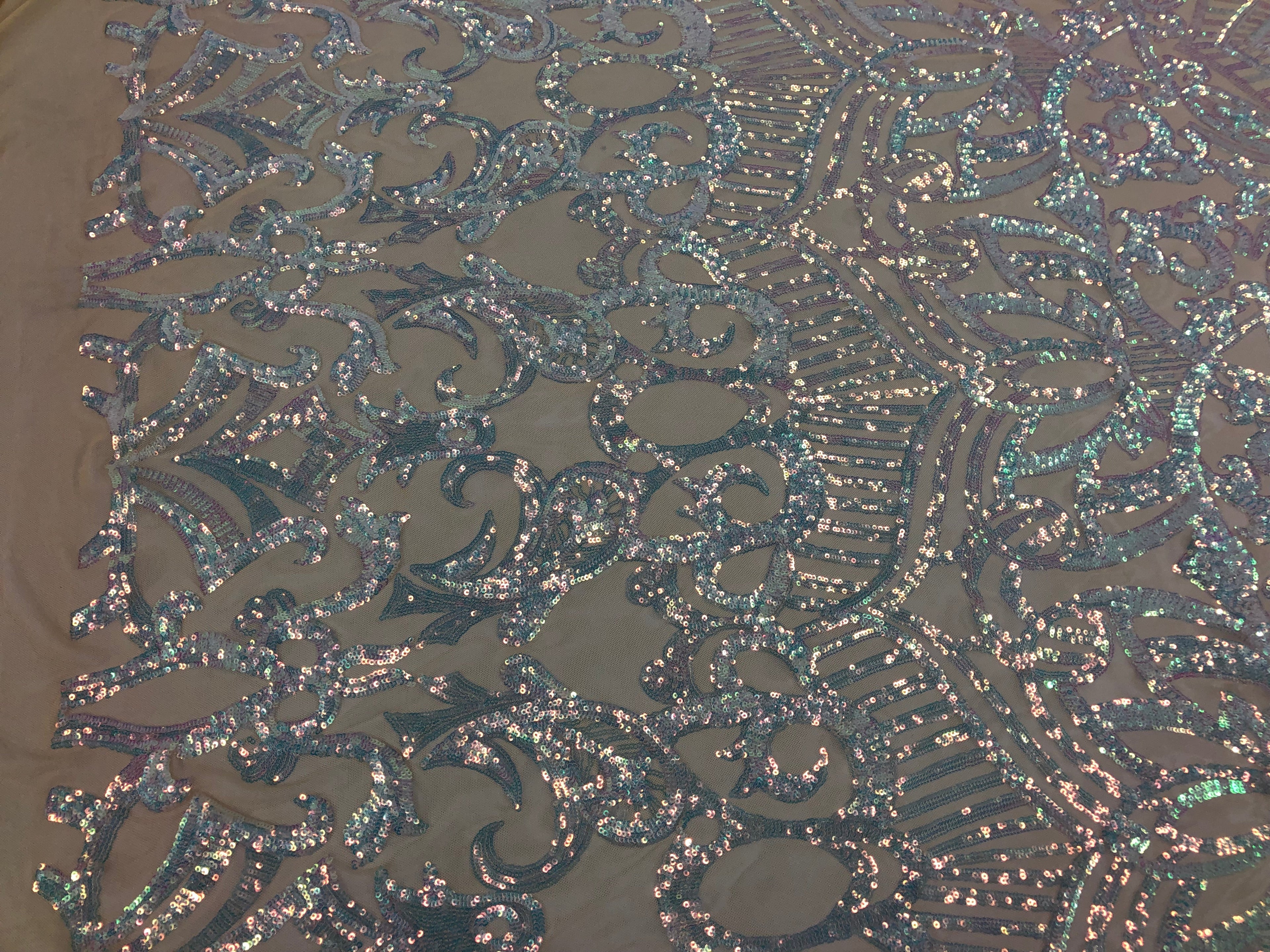 Hologram Silver / Blush Mesh - 4 Way Stretch Embroidered Royalty Sequins Fancy Design Fabric By Yard