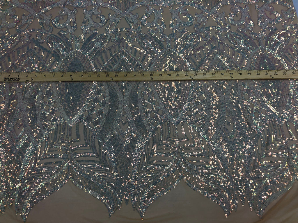 Hologram Silver / Blush Mesh - 4 Way Stretch Embroidered Royalty Sequins Fancy Design Fabric By Yard