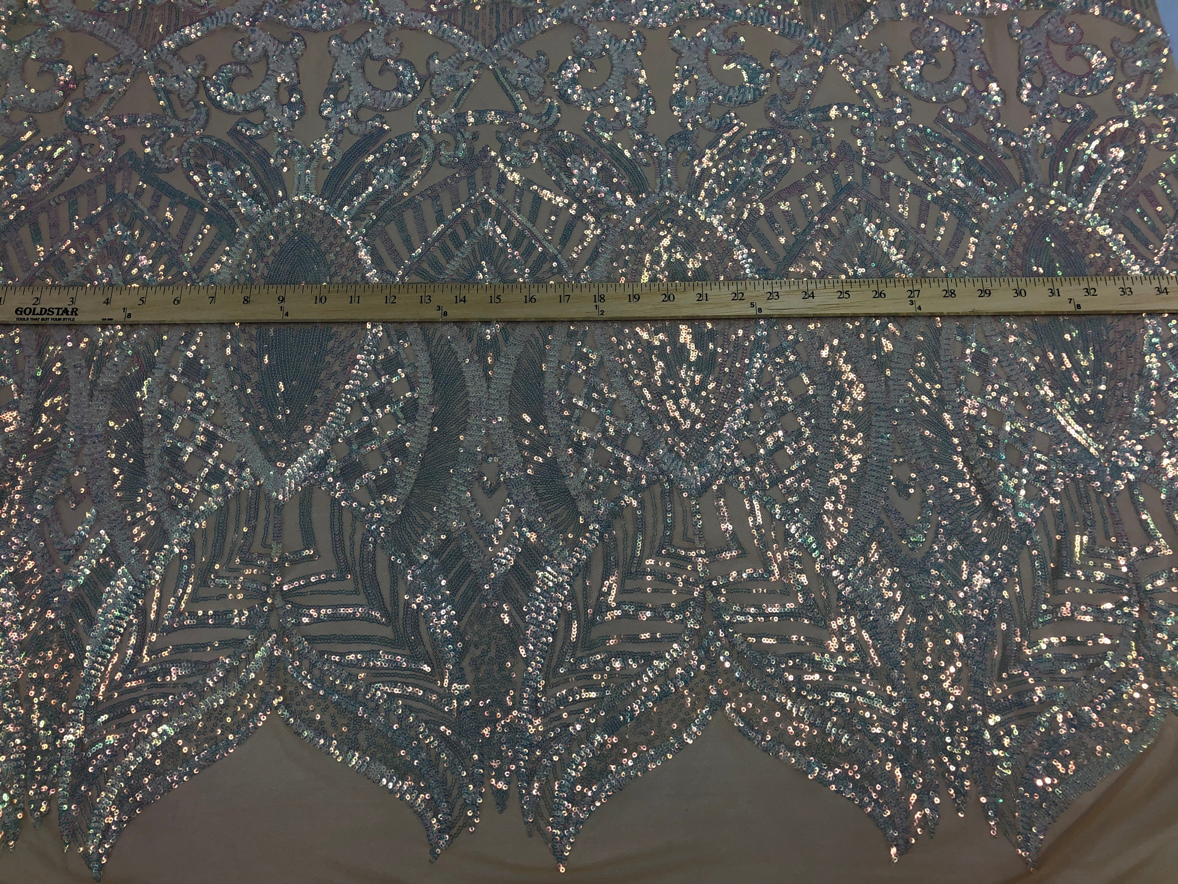Hologram Silver / Blush Mesh - 4 Way Stretch Embroidered Royalty Sequins Fancy Design Fabric By Yard