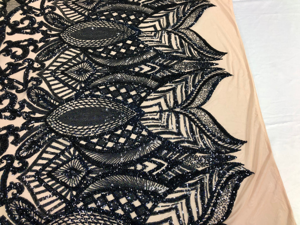 Hologram Navy / Blush Mesh - 4 Way Stretch Embroidered Royalty Sequins Design Fabric By Yard