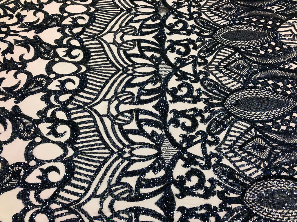 Hologram Navy / Blush Mesh - 4 Way Stretch Embroidered Royalty Sequins Design Fabric By Yard