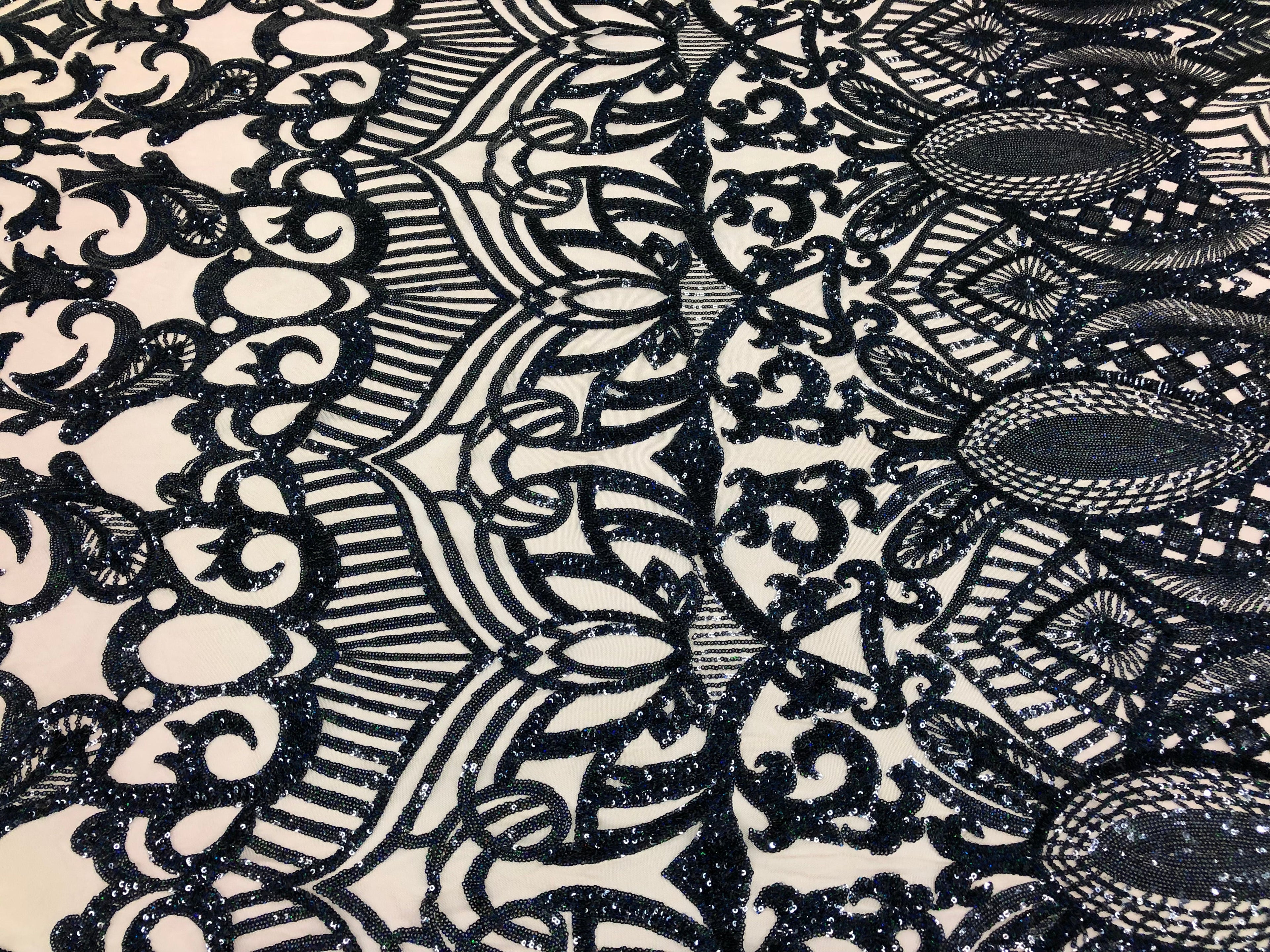 Hologram Navy / Blush Mesh - 4 Way Stretch Embroidered Royalty Sequins Design Fabric By Yard