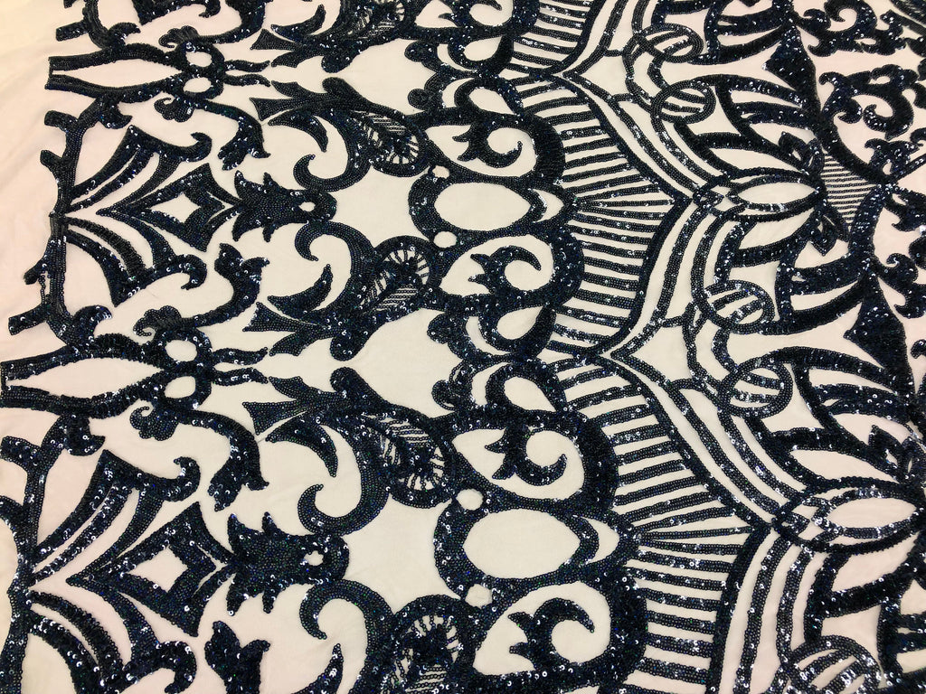 Hologram Navy / Blush Mesh - 4 Way Stretch Embroidered Royalty Sequins Design Fabric By Yard