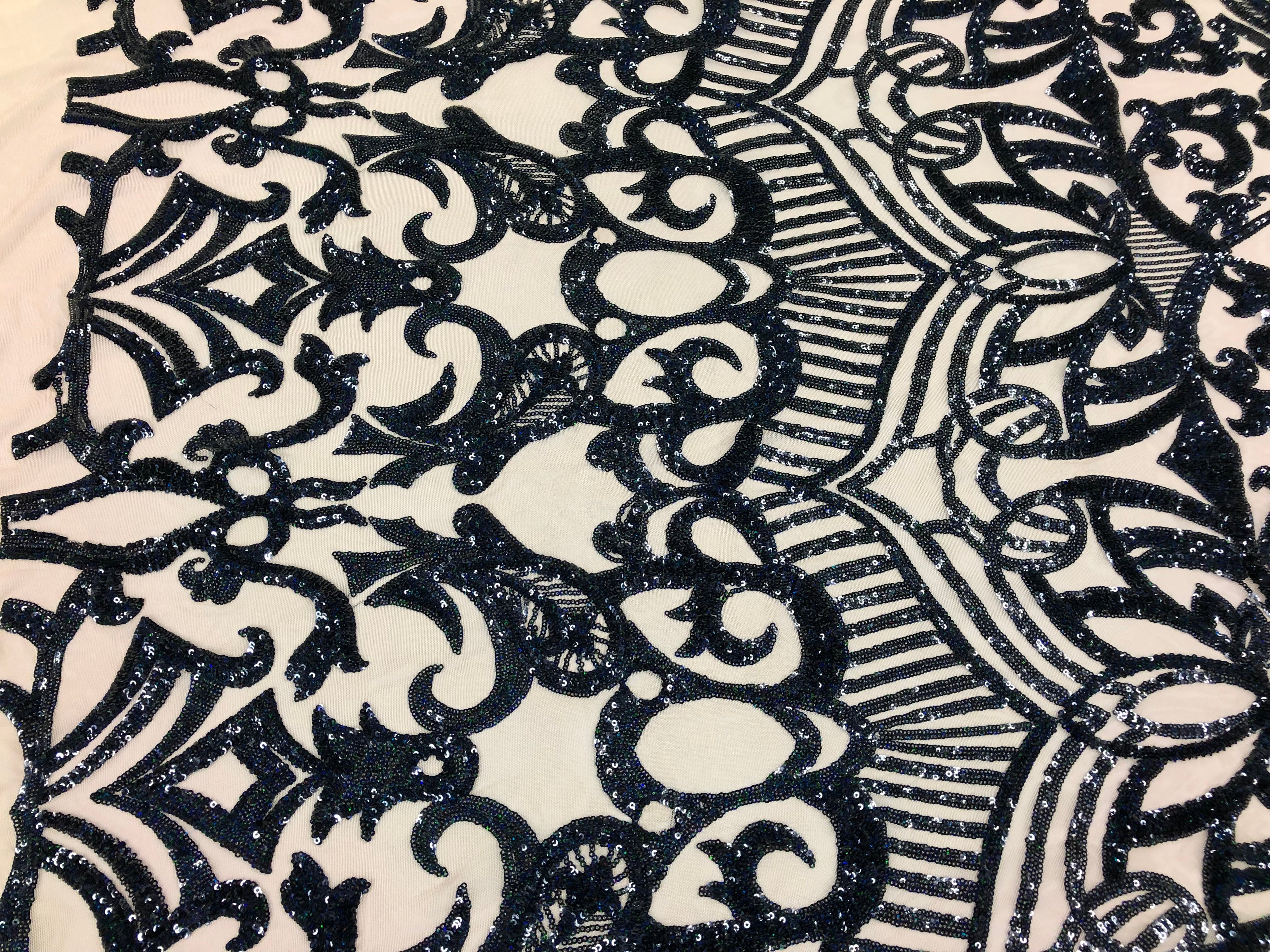 Hologram Navy / Blush Mesh - 4 Way Stretch Embroidered Royalty Sequins Design Fabric By Yard