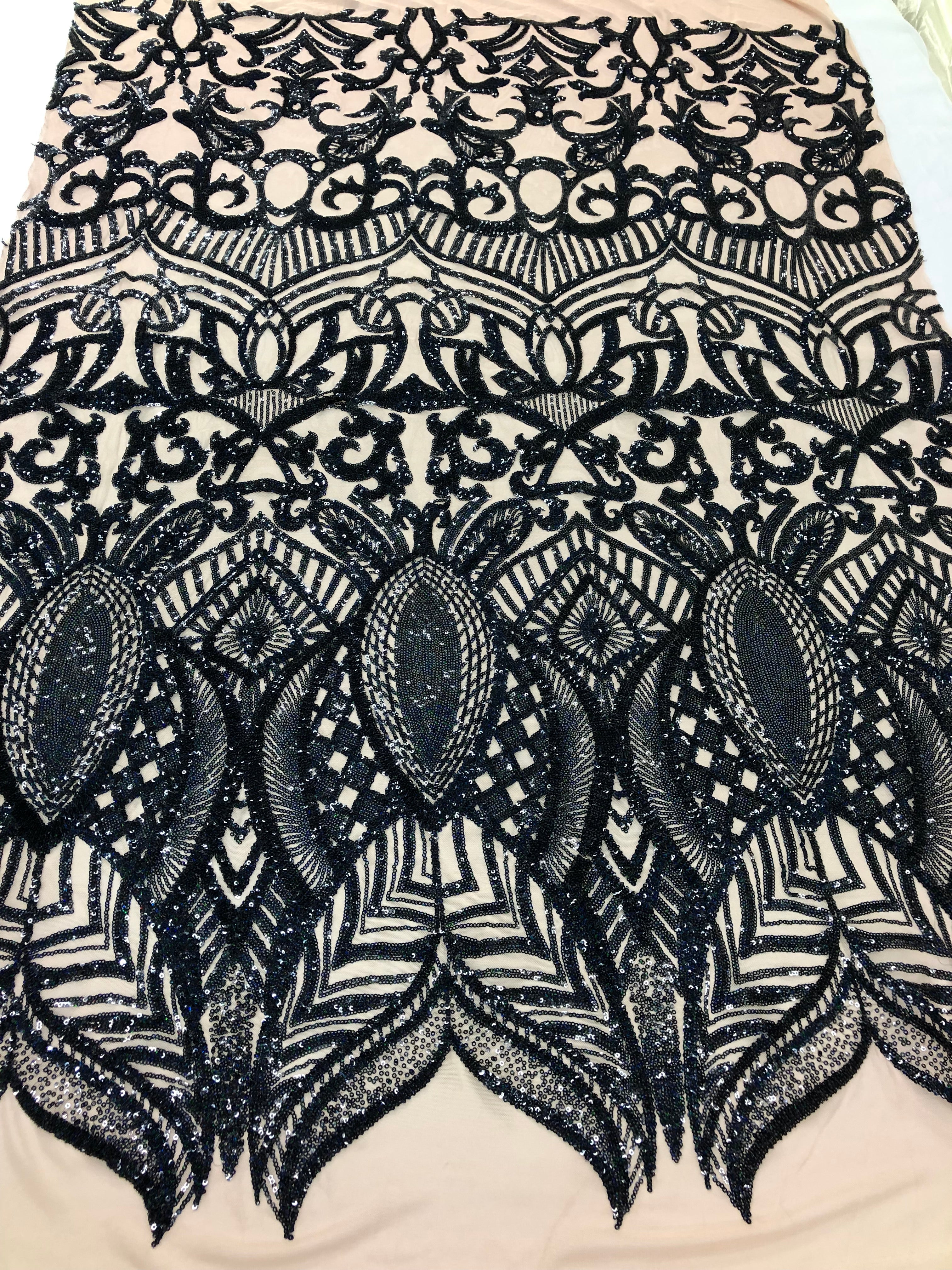 Hologram Navy / Blush Mesh - 4 Way Stretch Embroidered Royalty Sequins Design Fabric By Yard