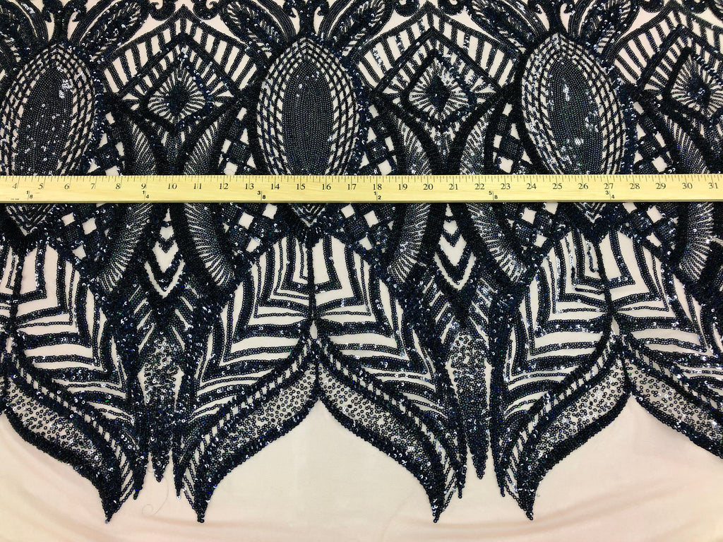 Hologram Navy / Blush Mesh - 4 Way Stretch Embroidered Royalty Sequins Design Fabric By Yard