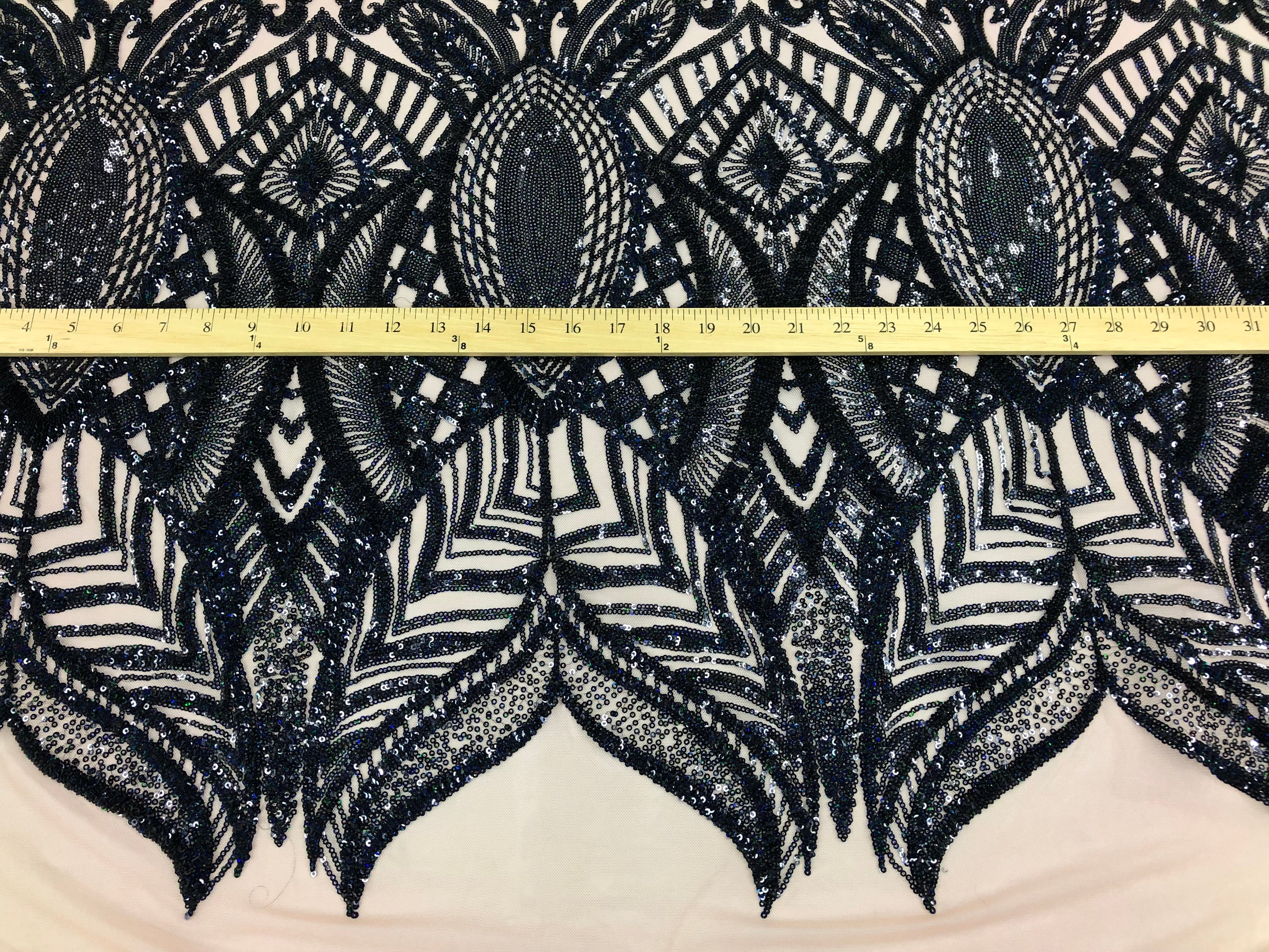 Hologram Navy / Blush Mesh - 4 Way Stretch Embroidered Royalty Sequins Design Fabric By Yard