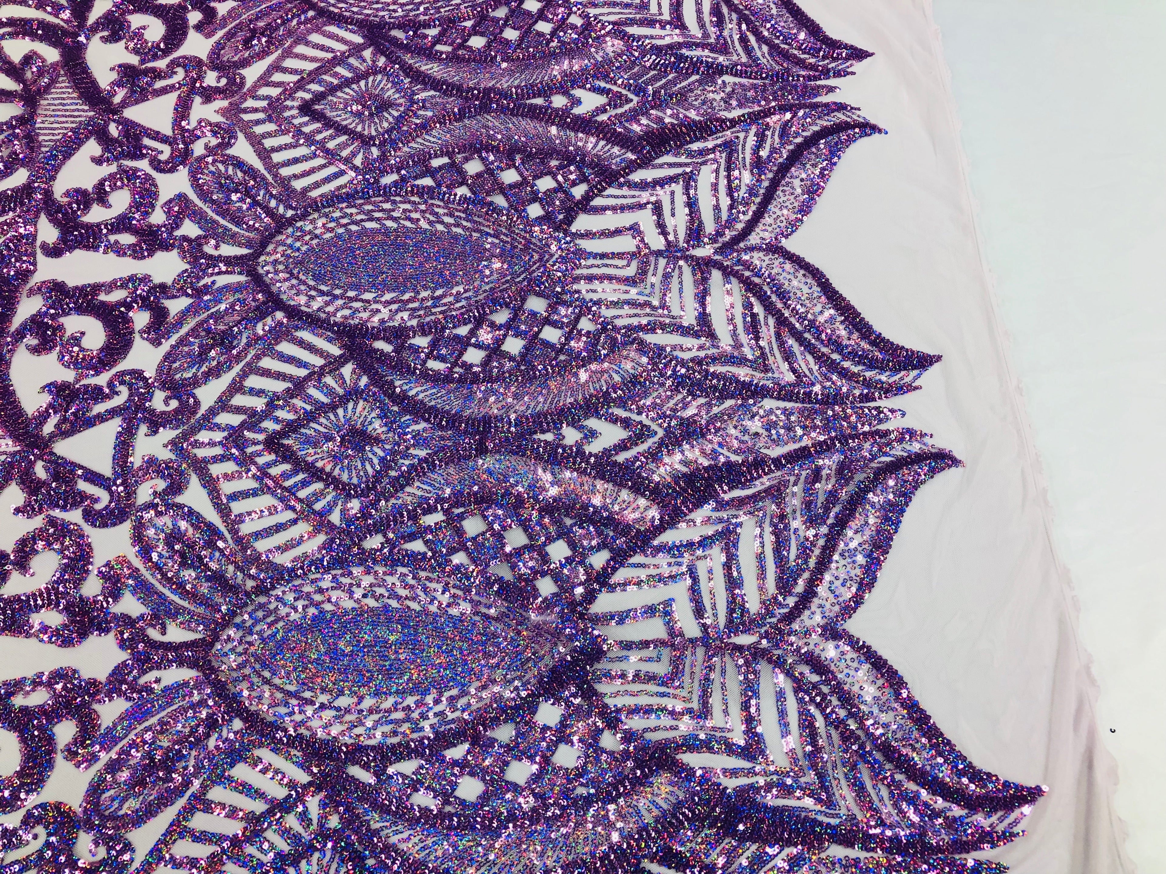 Hologram Lilac - 4 Way Stretch Embroidered Royalty Sequins Design Fabric By Yard