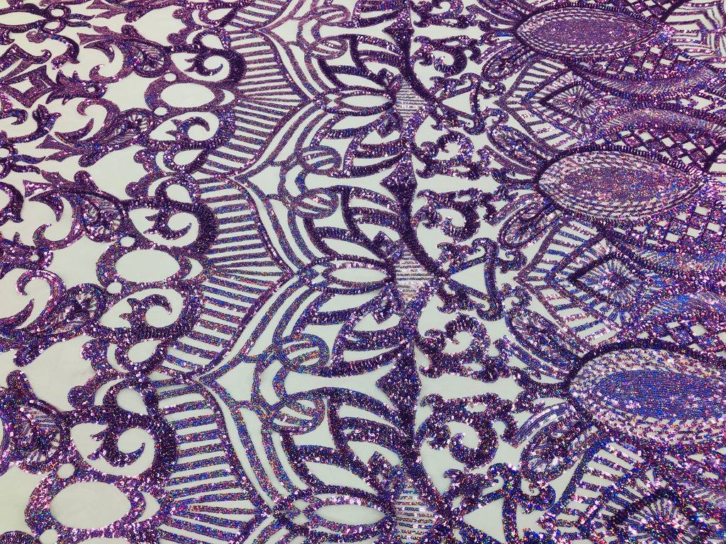 Hologram Lilac - 4 Way Stretch Embroidered Royalty Sequins Design Fabric By Yard