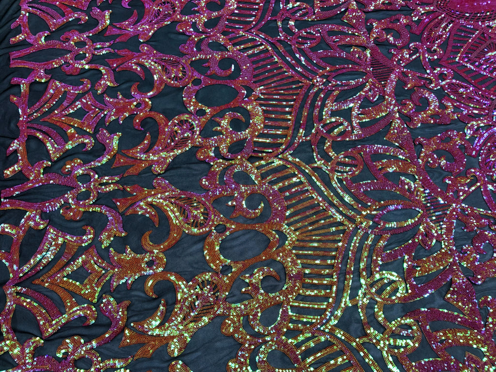 Hologram Fuschia / Orange - 4 Way Stretch Embroidered Royalty Sequins Design Fabric By Yard