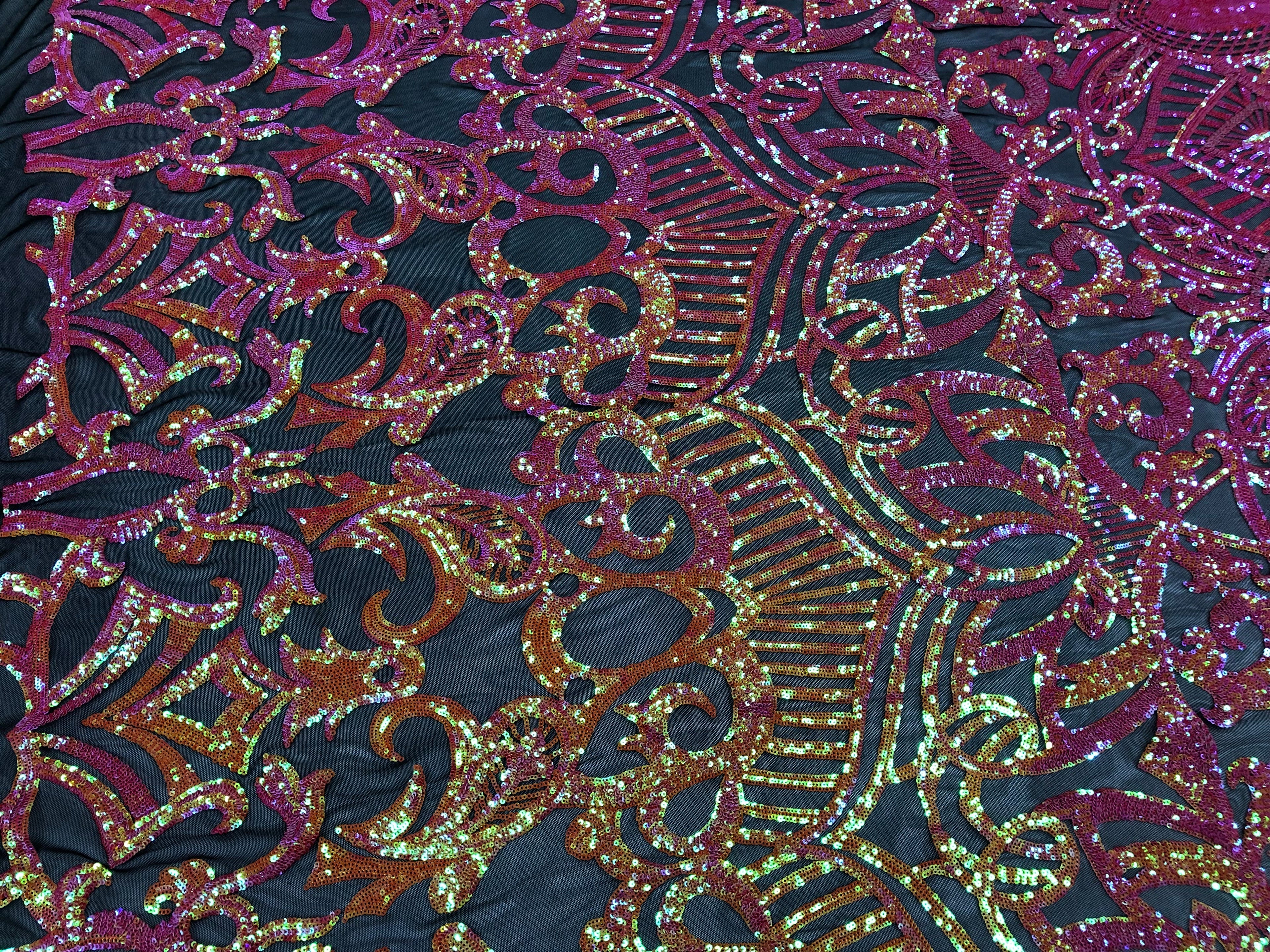 Hologram Fuschia / Orange - 4 Way Stretch Embroidered Royalty Sequins Design Fabric By Yard