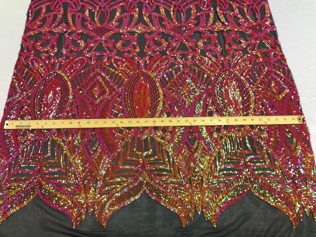 Hologram Fuschia / Orange - 4 Way Stretch Embroidered Royalty Sequins Design Fabric By Yard
